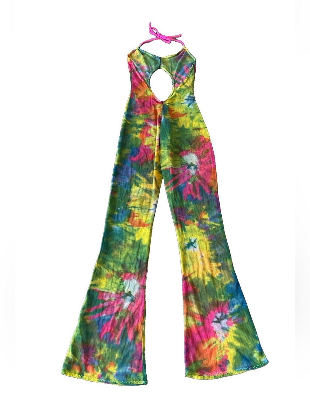 Vintage Y2K Tie Dye Mesh Halter Jumpsuit Flare Leg Rave Festival XS S
